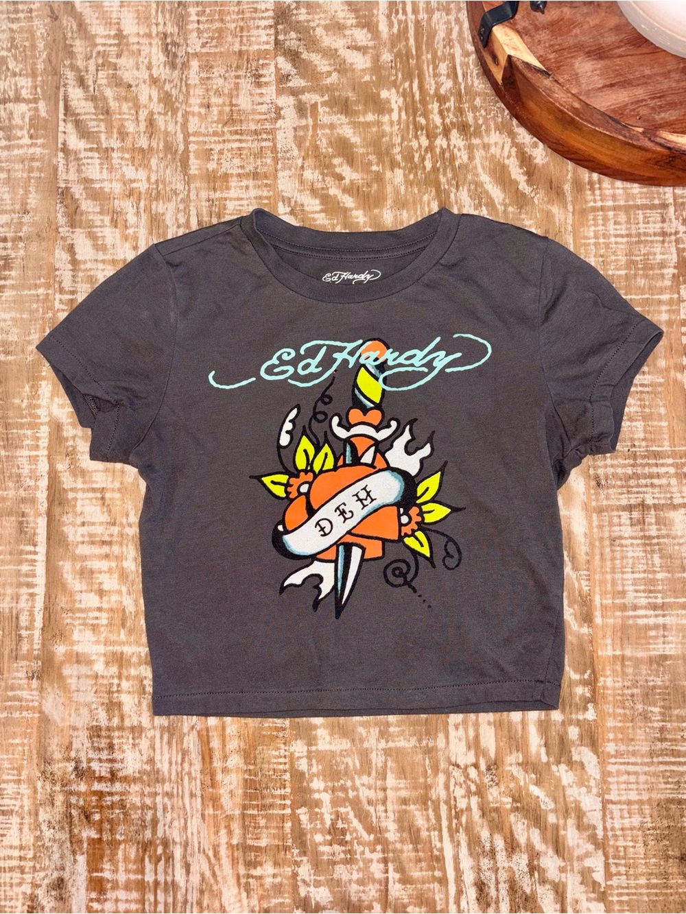Ed Hardy Girls' Black Graphic Slight Crop Tee